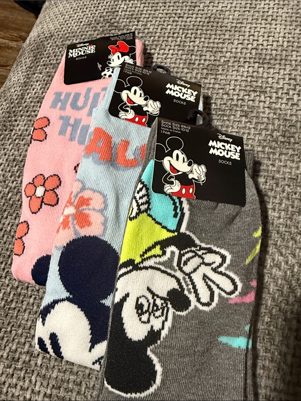 Disney Mickey & Minnie  size 6.5 - 12 Socks:Pink, Light Blue, Gray - 3 Pack